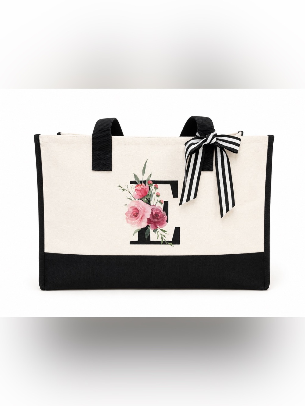 Canvas Floral Initial Tote Bag and Pouch, Letter “E”